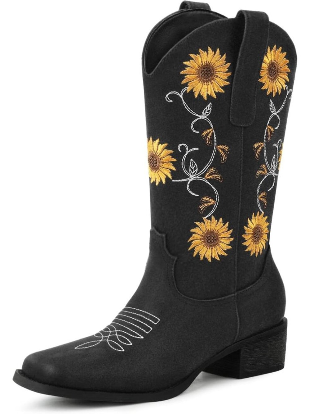 Women’s Black Faux Fur Square Toe Cowboy Mid-Calf Sunflower Embroidery Heel